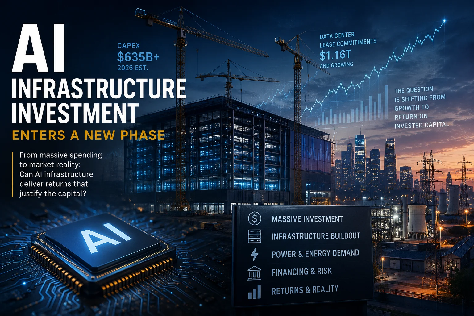 AI infrastructure investment featured image showing data centers, AI chips, power infrastructure, construction cranes, and rising market charts.